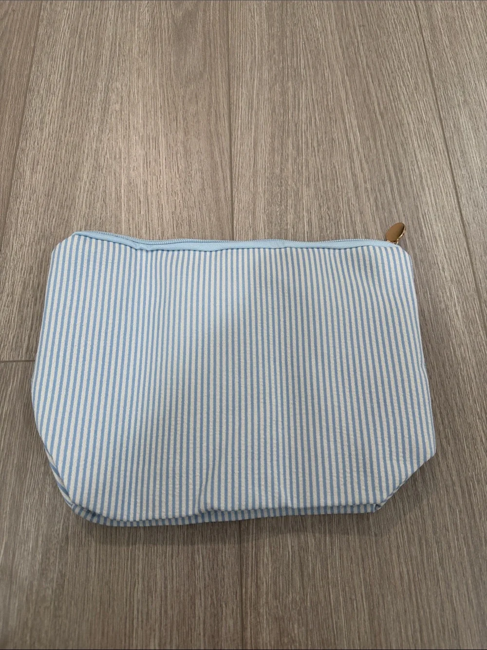 Blue Stripe Cosmetic Bag with Pink 'M' Patch